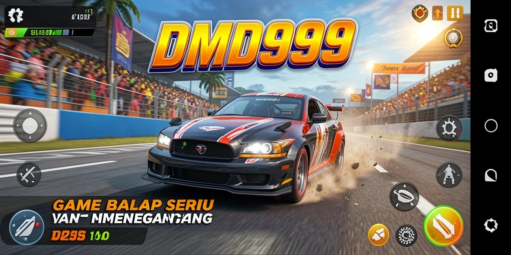 Screenshot dari gameplay DMD999 dengan mobil balap dan lintasan menantang.