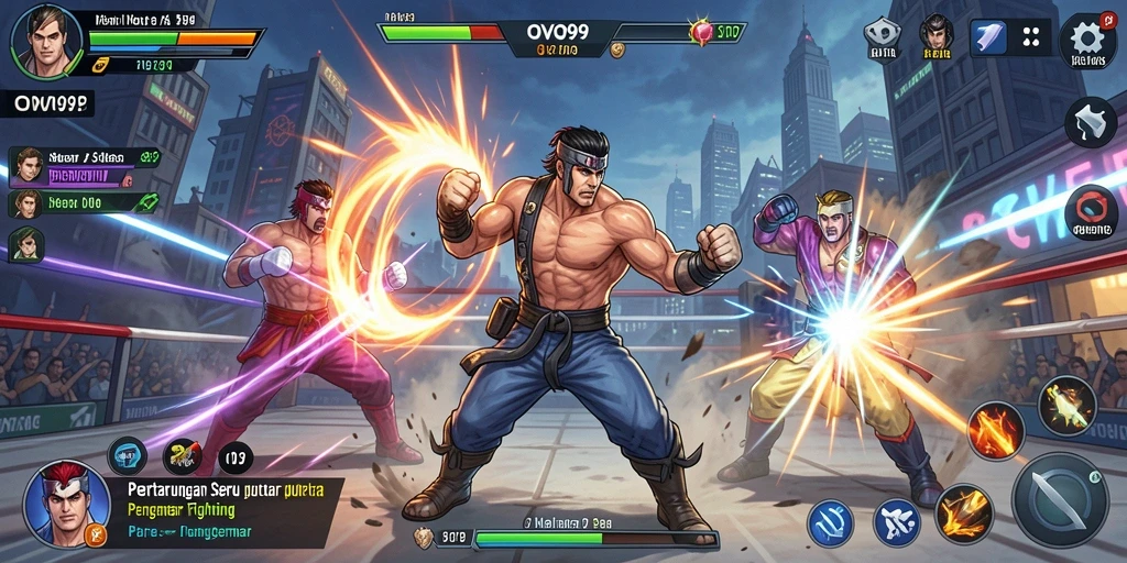 Tampilan gameplay OVO99 yang menampilkan pertarungan intens.